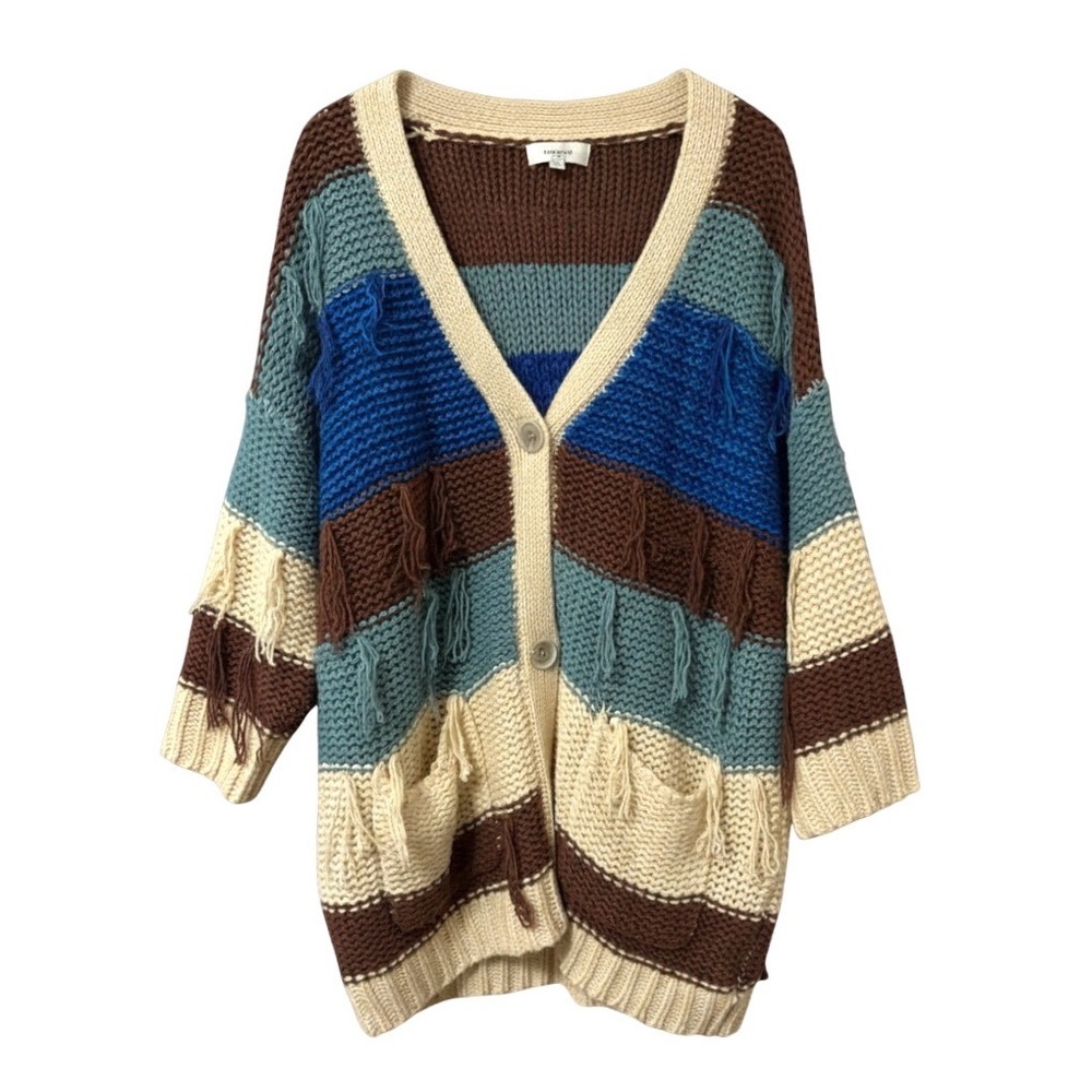 UMGEE SWEATER CARDIGAN Oversized Colorblock Stripes FRINGE Ivory-Brown-Blue S/M